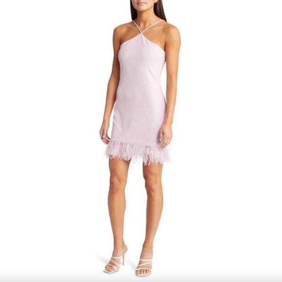 SAYLOR Ainsley Feather Trim Ribbed Halter Mini Dess Lavender Womens Size Large - Picture 1 of 9